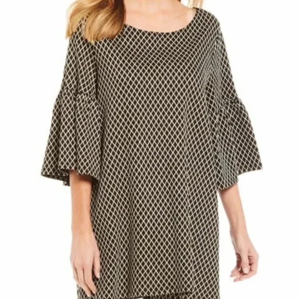 Bryn Walker Diego Tunic Shirt Bell Sleeve Black Ivory Diamond